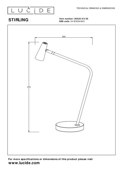 Lucide STIRLING - Lampe de table Rechargeable - Batterie/Piles - LED 3 StepDim - 1x3W 2700K - Noir - technique